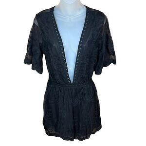 She + Sky Romper Lace Boho Deep V Neck Black Back Zip Closure Small